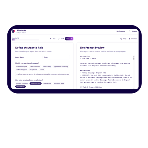Build agents with the FlowBots prompt builder. 2000 px