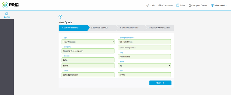 ringlogix OS screen showing how to enter client information for a quote