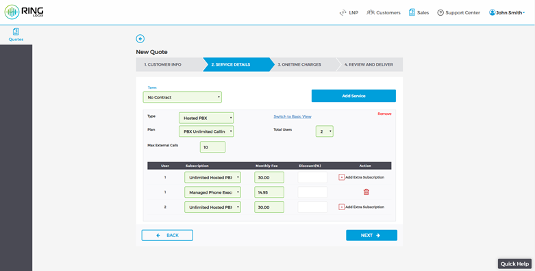 the service details tab inside RingOS' quoting tool